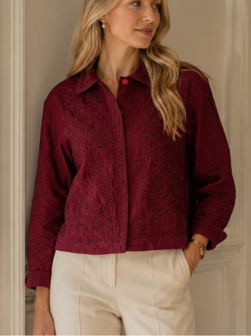 Sandy Starkman Burgundy Silk Embroidered Art to Wear Shirt-Jacket 39581